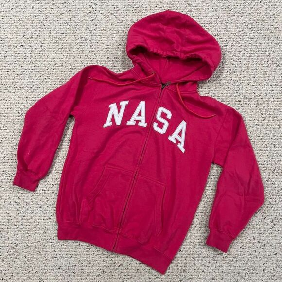 Women's Fuchsia Pink Embroidered NASA Long Sleeve Zipper Hoodie Sweatshirt Small - Picture 1 of 10